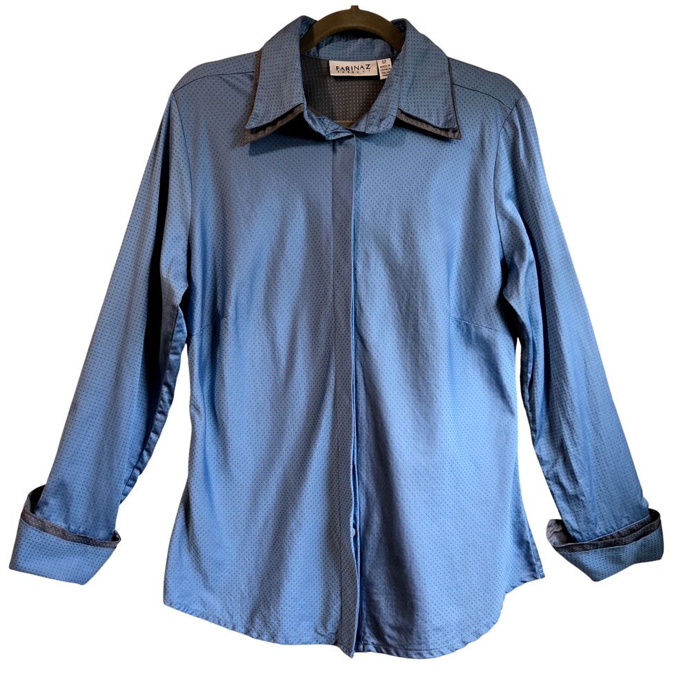 Taghavi Chic Retro Blue Italian Cotton Button Down Shirt Double Collar, Sz 12